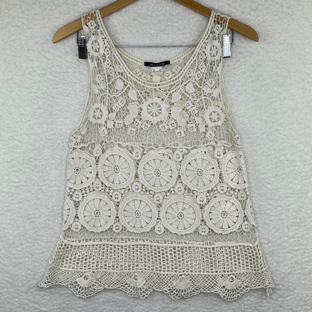 Crochet Lace Tank Top Y2K Cream Ivory Floral Medallion Scalloped Hem Medium